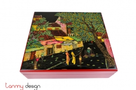Rectangular lacquer box engraved with Hanoi old quarter painting 27*30cm